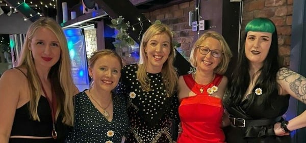 Photo of five professional women Guildhawk including Evernoon AI director Jurga Zilinskiene MBE and Rita Hinterleithner at a party. Copyright Guildhawk 2023