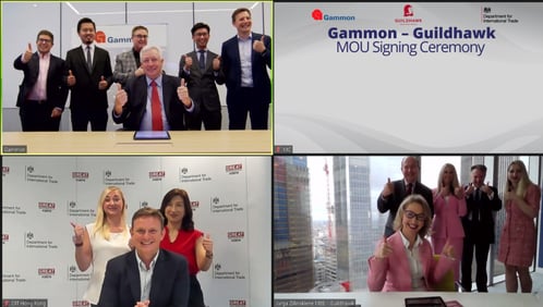 Image of four screenshots of teams from Gammon Construction, Guildhawk Technologies and UK Government Department for International Trade signing a Joint Venture MoU 